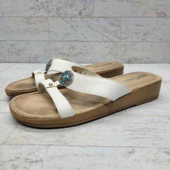 Minnetonka Womens Sandals Slip-On Strappy  Wedge Sz 9 White Leather Southwest - Picture 1 of 9
